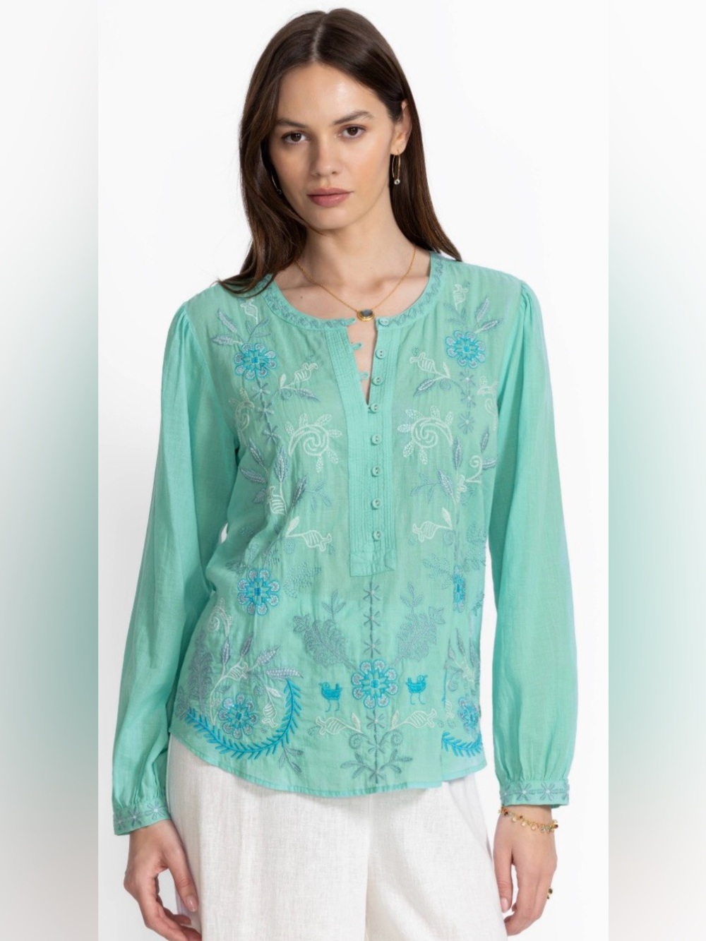 JOHNNY WAS WORKSHOP Field Henley Blouse Yohana in Marine Blue Size Small